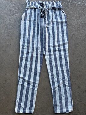 Indero Navy & White Striped Drawstring Pants large Linen
